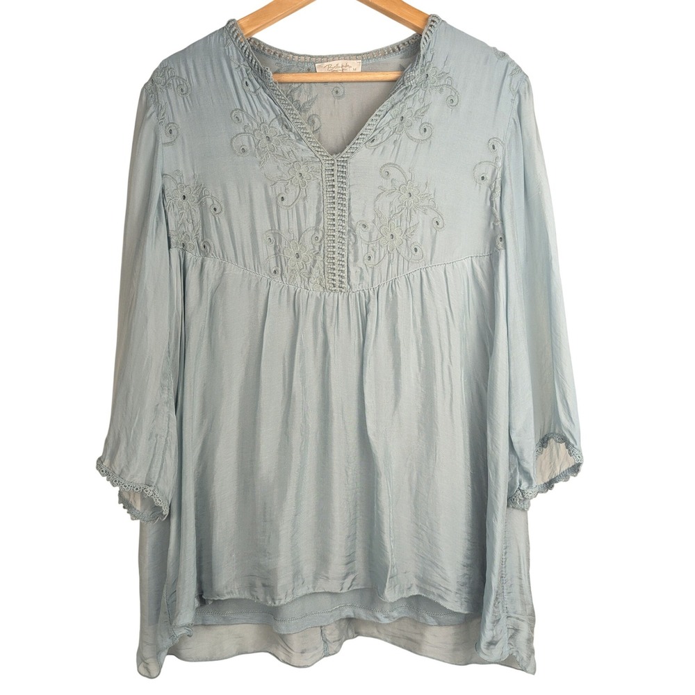 M Bellambra Italy Silk Blend Embroidered Tunic Top Blue Crochet Boho V-Neck M